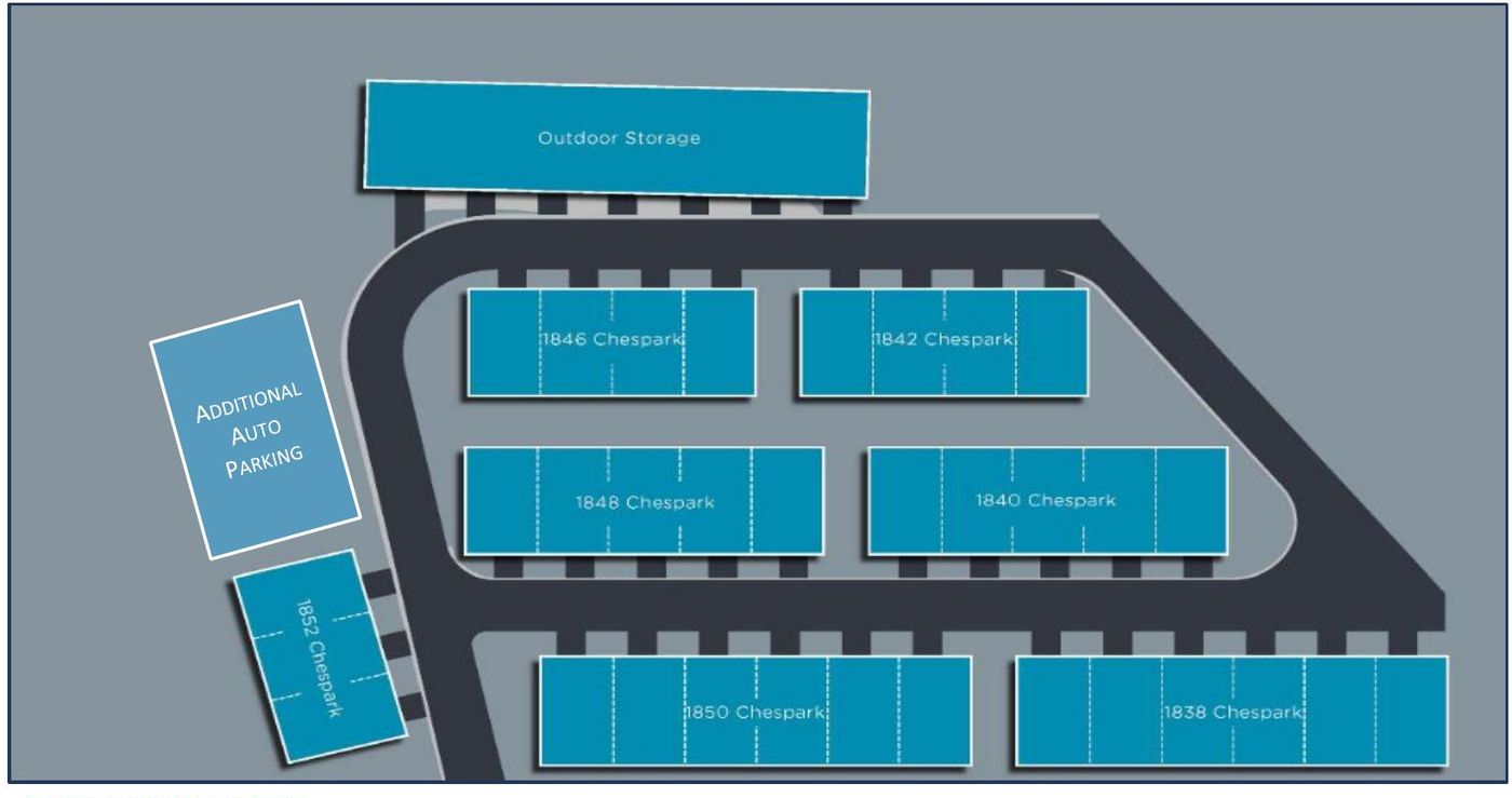Site plan showing seven buildings, the outdoor storage yard, drive aisles and auto parking